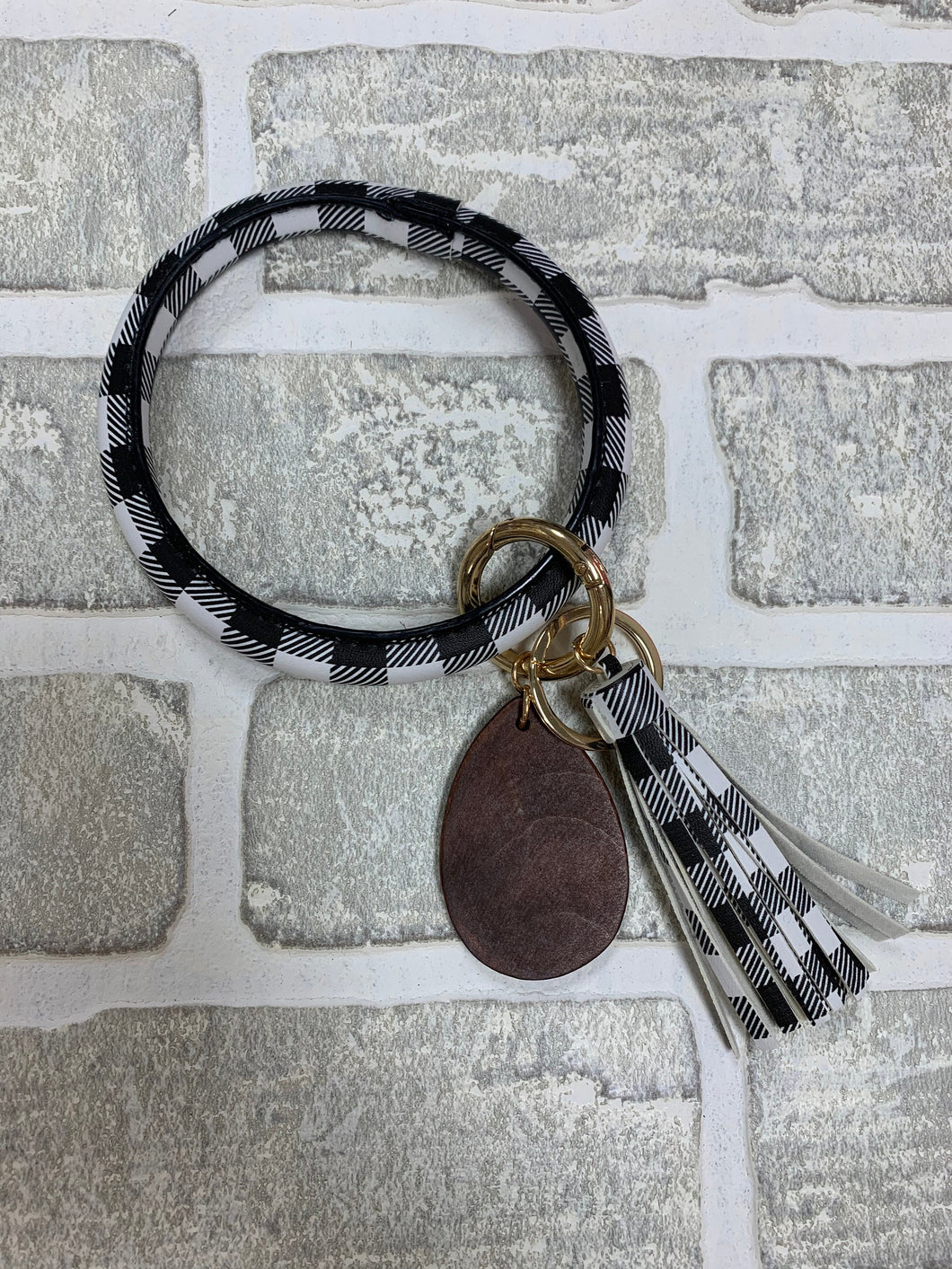 Black and white bangle with wood keychain
